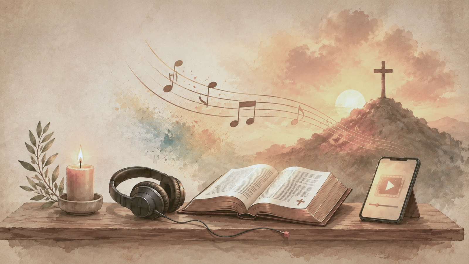 Bibbia aperta con cuffie e candela