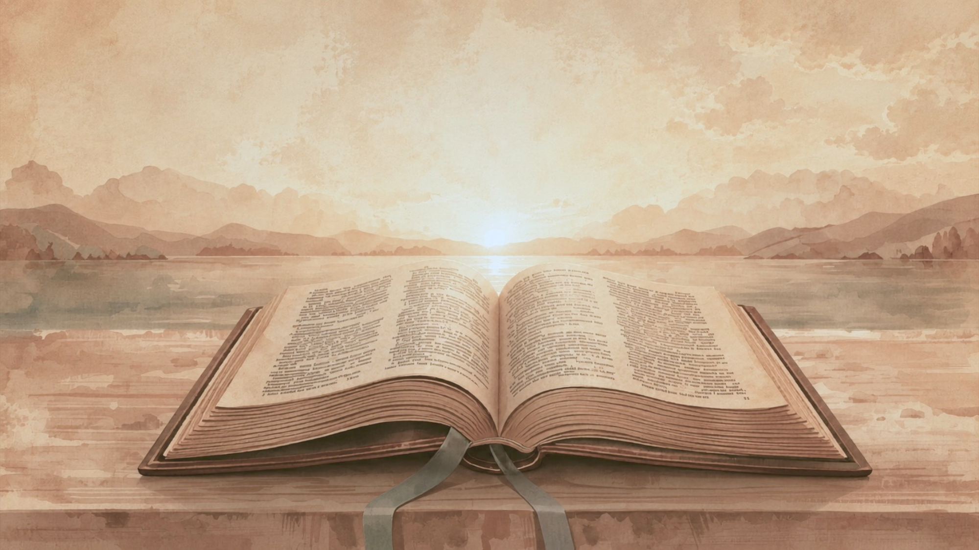 Bibbia aperta davanti a un paesaggio all’alba